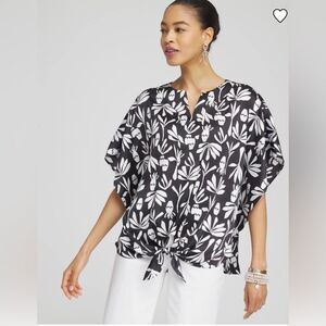 Chico’s Artisan Satin Tie-Front Tunic SZ 2 US 12 Split Neck 3/4 Sleeve Black